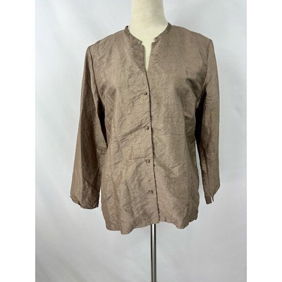 Eileen Fisher Jacket Blazer Brown Medium 100% Silk Crinkled Lightweight Asian - Picture 1 of 10